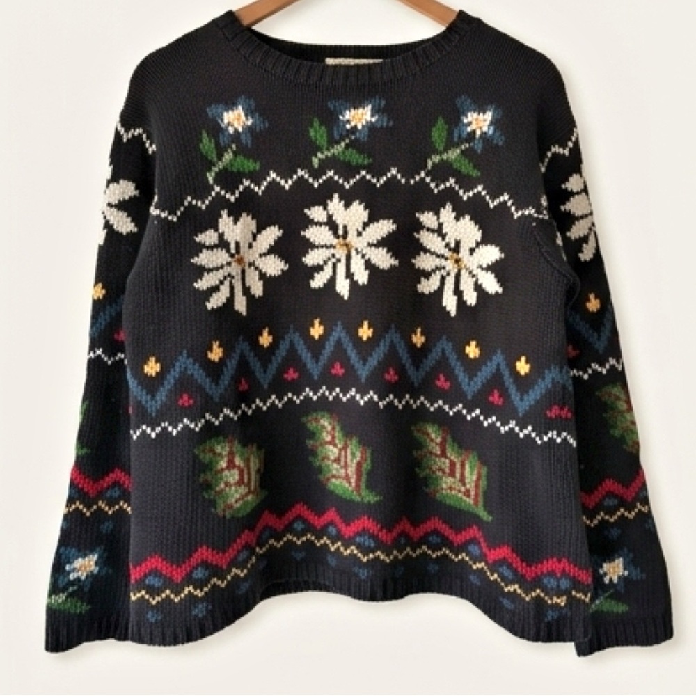 Eddie Bauer 90s Vintage Folk Art Floral Cotton Sweater Made in Hong Kong Size S - Picture 4 of 14